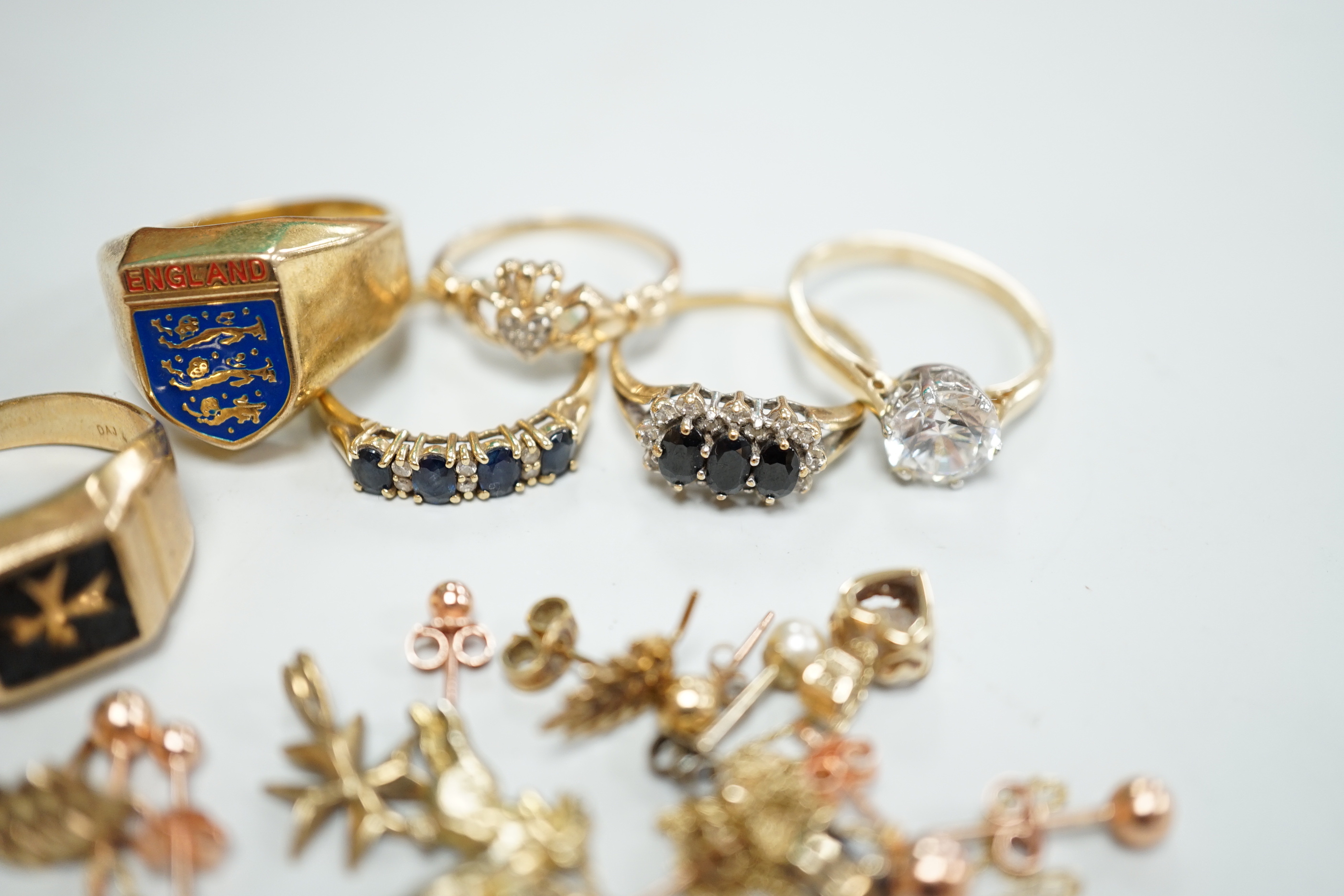 Five assorted 9ct gem set or 375 rings, gross weight 20.5 grams, a 585 and cubic zirconia ring and pendant, gross weight 4.3 grams, together with a 10k and gem set pendant on a 10k chain and assorted ear studs including
